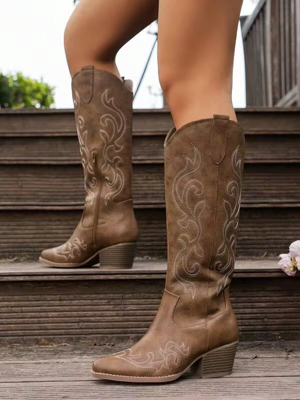 Women's Fashion Solid Color Versatile Electric Embroidery Leather Side Zipper Slope Heel High Boots