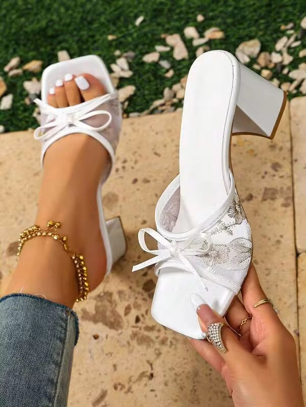 White Summer New Square Toe Mesh Breathable Open Toe High Heel Sandals, Versatile Minimalist Stiletto Sandals For Women,Chunky Heels